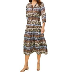 J. McLaughlin Large Blue Brown Floral Print Hortense Midi Dress with Pockets